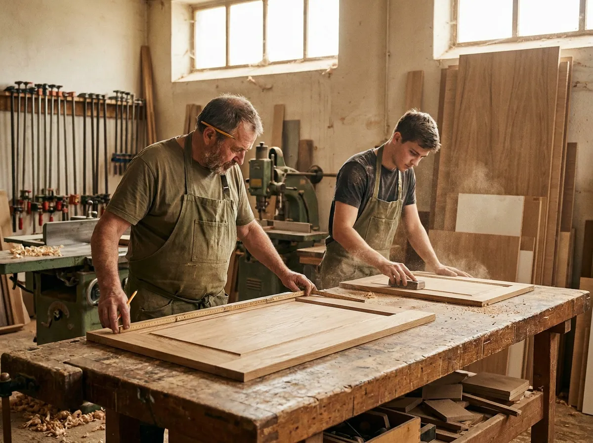 Tischler bei der Arbeit an der Werkbank in der Werkstatt