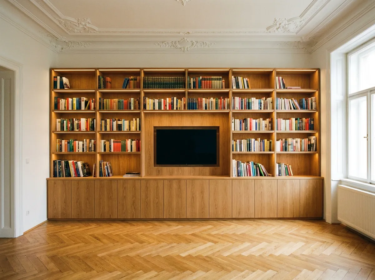 Bücherwand aus Eiche mit integrierter Fernsehnische in einem Altbau in Margareten