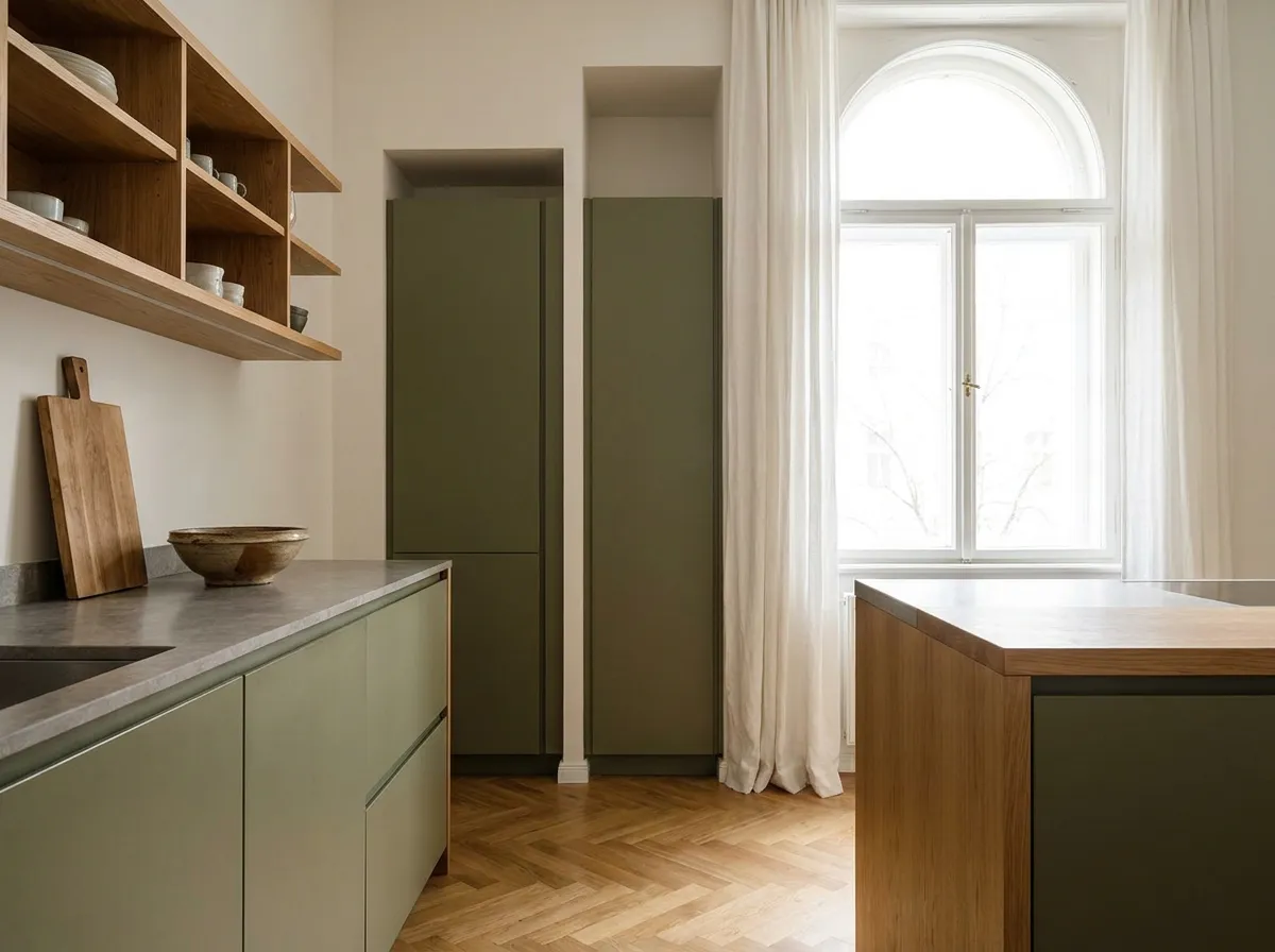 Küche nach Maß mit olivgrünen Fronten und Eiche in einer Wohnung in Margareten