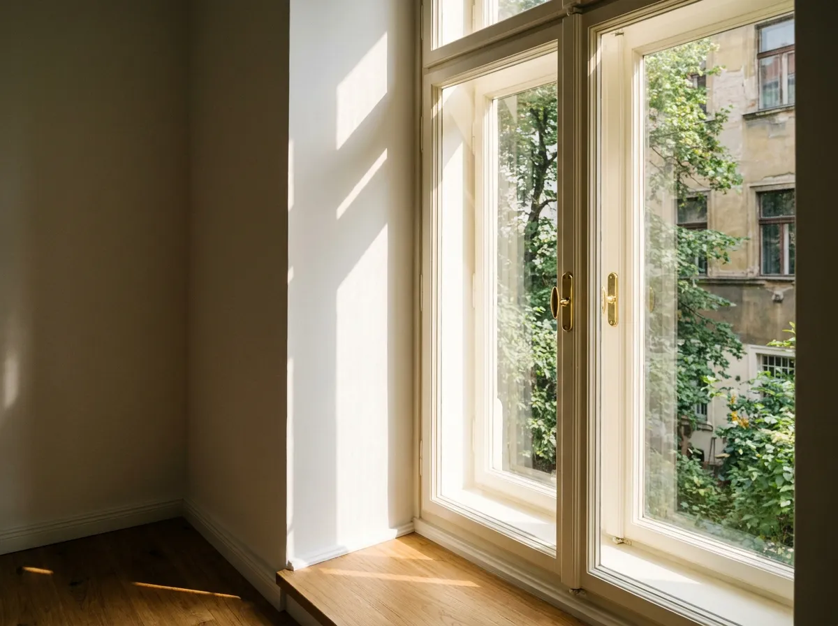 Saniertes Wiener Kastenfenster aus Holz mit Messingbeschlag