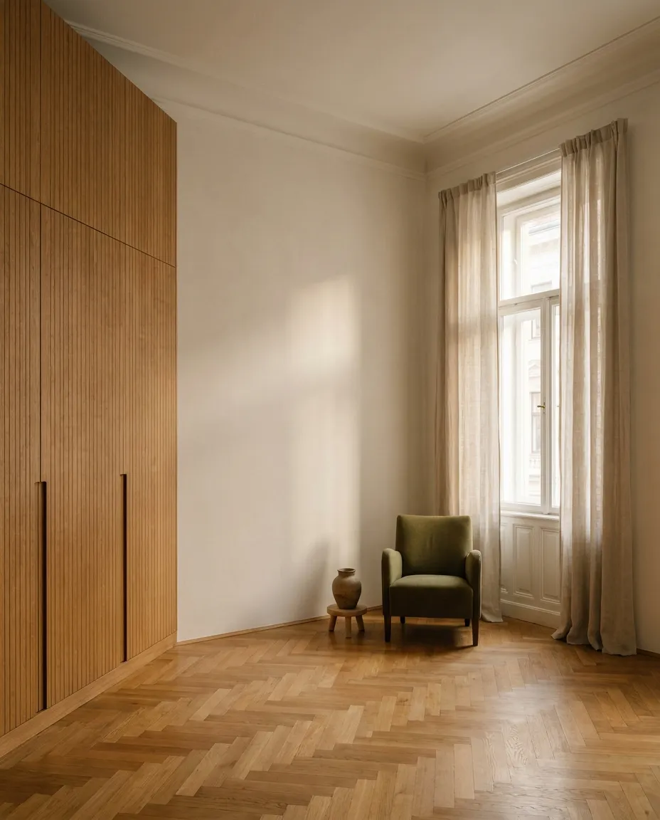 Einbauschrank aus Eiche nach Maß in einer Altbauwohnung in Margareten